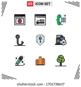 9 Filledline Flat Color concept for Websites Mobile and Apps protection; access; communication; hook; fish Editable Vector Design Elements