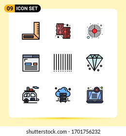 9 Concepto de color plano de línea llena para los sitios web Mobile y Apps código de barras; disposición; enfoque; desarrollo; codificación Elementos de diseño de vectores editables