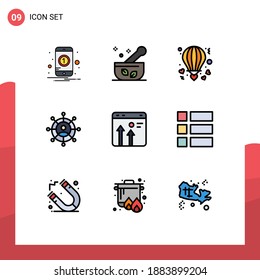 9 Concepto de color plano de línea de relleno para el navegador Websites Mobile y Apps; tecnología; aire; creación de redes; elementos de diseño de vectores editables de valentía