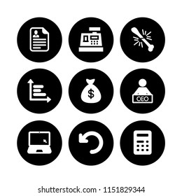 9 finance icons in vector set. document, money bag with dollar symbol, return and internet illustration for web and graphic design