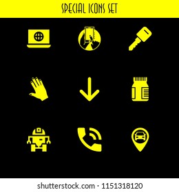 9 finger icons in vector set. key, gps, robot and medicine illustration for web and graphic design