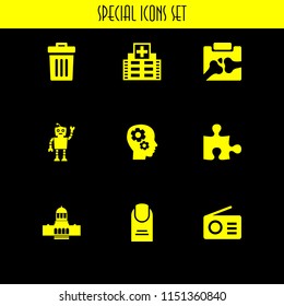 9 finger icons in vector set. future, x ray of bones, military strategy and delete illustration for web and graphic design