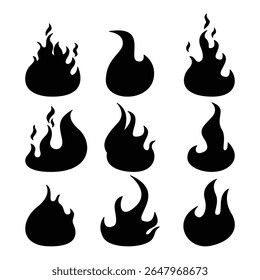 9 Fogo Flame Silhueta vetores, Ícones de chama preta para logotipos, Adesivos Tatuagens.
