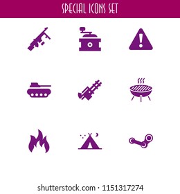 9 fire icons in vector set. steam, war, tent night and warning illustration for web and graphic design