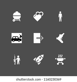 9 fire icons in vector set. grill, hearts outline icon, rocket and exit illustration for web and graphic design