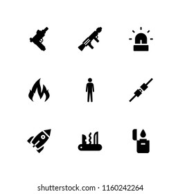 9 fire icons in vector set. rocket, flame, camping and security system illustration for web and graphic design