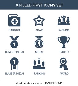 9 first icons. Trendy first icons white background. Included filled icons such as bandage, Star, ranking, number medal, medal, trophy, award. first icon for web and mobile.