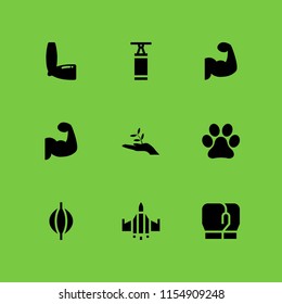 9 fist icons in vector set. fighter, boxing gloves, arm and hand illustration for web and graphic design