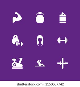 9 fit icons in vector set. dumbell, weight, kettlebells and stationary bike illustration for web and graphic design