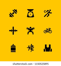 9 fit icons in vector set. dumbbell, bicycle, weightlifting and sport wear illustration for web and graphic design