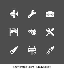 9 fix icons in vector set. wrench, spark plug, work tools and repair illustration for web and graphic design