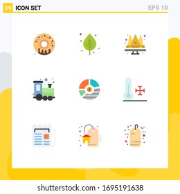 9 Concepto de color plano para el análisis de páginas web móviles y aplicaciones; tiempo de juego; corona; tren; elementos de diseño de vectores editables para bebés
