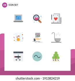 9 Concepto de color plano para sitios web móviles y aplicaciones en línea; donar; circo; tienda; Amar elementos de diseño de vectores editables