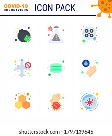 9 Flache farbige Corona-Virus-Pandemie, Vektorgrafiken medizinischer Art; Gesicht; Chirurgie; Airoplan; verbotene virale Coronavirus-2019-nov-Krankheit Vectordesign Elements