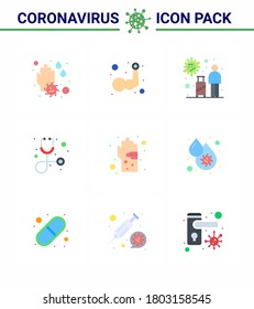 9 Imágenes bacterianas del vector pandémico del virus Corona de color plano; asistencia sanitaria; construcción de cuerpos; diagnóstico; enfermedad coronavirus viral de viaje 2019-nov Elementos de diseño de vectores