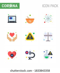 9 Aviso de ilustraciones vectoriales del virus corona de color plano; atención de la salud; átomo; corazón; Cuidar el coronavirus viral 2019-nov Enfermedad Vector Elementos de diseño