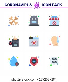 9 Flat Color Corona Virus pandemic vector illustrations  website; browser; shop; cigarette; no viral coronavirus 2019-nov disease Vector Design Elements