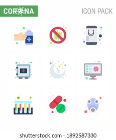 9 Flache farbige Corona-Virus-Pandemie, Vektorgrafiken sicher; medizinisch, Gefahr; Schließfach; mobiles virales Coronavirus 2019-nov Krankheit Vectordesign Elements