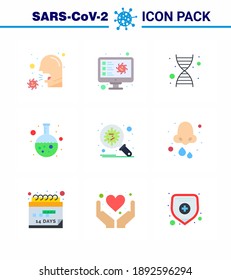 9 Flat Color Corona Virus pandemic vector illustrations  research; flask; scan; test; genetics viral coronavirus 2019-nov disease Vector Design Elements