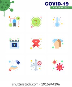 9 Flat Color Corona Virus pandemic vector illustrations  schudule; calendar; epidemic; appointment; temperature viral coronavirus 2019-nov disease Vector Design Elements