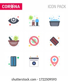 9 Flat Color Coronavirus Covid19 Icon pack such as  diagnosis; virus vaccine; basin; pharmacy bowl; medicine viral coronavirus 2019-nov disease Vector Design Elements