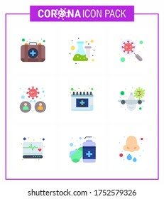 9 Flat Color Coronavirus Covid19 Icon pack such as  people; bacteria; test; virus; interfac viral coronavirus 2019-nov disease Vector Design Elements