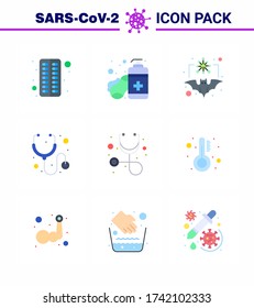 9 Flat Color Coronavirus disease and prevention vector icon  healthcare; stethoscope; bat; medical; virus viral coronavirus 2019-nov disease Vector Design Elements