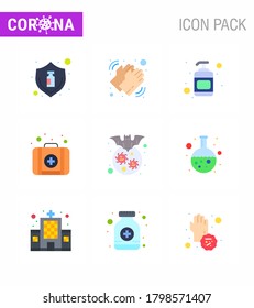 9 Flat Color Coronavirus disease and prevention vector icon  carrier; medical; dry; kit; sanitizer viral coronavirus 2019-nov disease Vector Design Elements