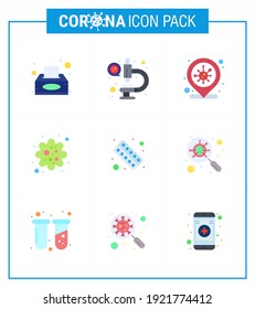 9 Flat Color Coronavirus disease and prevention vector icon  fitness; virus; location; patogen; infection viral coronavirus 2019-nov disease Vector Design Elements