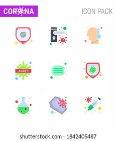 9 Flat Color coronavirus epidemic icon pack suck as  face; disease; virus; bacteria; alert viral coronavirus 2019-nov disease Vector Design Elements