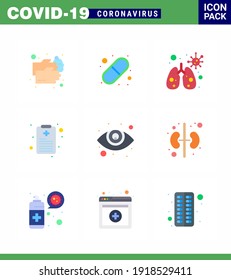 9 Flat Color coronavirus epidemic icon pack suck as  ophthalmology; eye care; pills; report; health chart viral coronavirus 2019-nov disease Vector Design Elements
