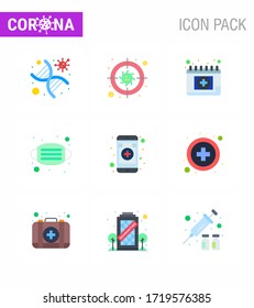 9 Flat Color Set of corona virus epidemic icons. such as  medical; medical; virus; mask; schudule viral coronavirus 2019-nov disease Vector Design Elements