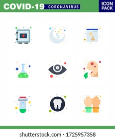 9 Colores planos de íconos epidémicos del virus de la corona. tales como la vista; ensayo; tiempo de descanso; ciencia; flask viral coronavirus 2019-nov Enfermedad Vector Elementos de diseño