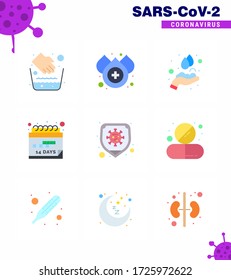 9 Flat Color Set of corona virus epidemic icons. wie Schutz; Krankheit; Hände; Zeitplan Ereignis virales Coronavirus 2019-nov Krankheit Vector Design Elements