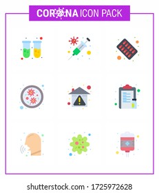 9 Flat Color Set of corona virus epidemic icons. such as  prevent; home; capsule; virus; bacteria viral coronavirus 2019-nov disease Vector Design Elements