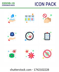 9 Flat Color Set of corona virus epidemic icons. such as  bacterium; hands; covid; protect hands; shake hand viral coronavirus 2019-nov disease Vector Design Elements