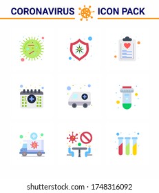 9 Colores planos de íconos epidémicos del virus de la corona. como el tiempo; calendario; desecación; nombramiento; lista de elementos de diseño de vectores de la enfermedad de coronavirus viral 2019-nov