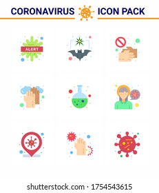 9 Flat Color Set of corona virus epidemic icons. such as  hands; touch; flu; shake hand; no viral coronavirus 2019-nov disease Vector Design Elements