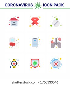 9 Colores planos de íconos epidémicos del virus de la corona. como el gráfico de salud; transfusión; cinta; sangre; Enfermedad de coronavirus viral 2019-nov Elementos de diseño de vectores
