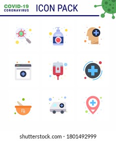 9 Colores planos de íconos epidémicos del virus de la corona. como la botella; servicios; sanitizador de mano; en línea; Enfermedad de coronavirus viral humano 2019-nov Elementos de diseño de vectores