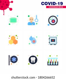 9 Colores planos de íconos epidémicos del virus de la corona. tales como el virus de la sangre; ciencia; bacterias sanguíneas; laboratorio; química coronavirus viral 2019-nov Enfermedad Vector Elementos de diseño
