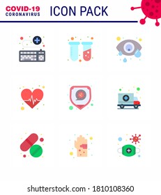 9 Colores planos de íconos epidémicos del virus de la corona. tales como las enfermedades; pulso; laboratorio; corazón; coronavirus viral en los ojos humanos Enfermedad de 2019-nov Elementos de diseño de vectores