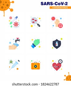 9 Flat Color Set of corona virus epidemic icons. such as  washing; hands; sample; bacteria; disease viral coronavirus 2019-nov disease Vector Design Elements