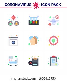 9 Colores planos de íconos epidémicos del virus de la corona. tales como médicos; asistencia sanitaria; avión; servicios; enfermedad coronavirus viral médica 2019-nov Elementos de diseño de vectores