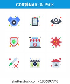 9 Flat Color Set of corona virus epidemic icons. such as  banned; shop; eyesight; closed; disease viral coronavirus 2019-nov disease Vector Design Elements