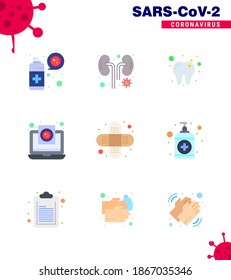 9 Flat Color Set of corona virus epidemic icons. such as  bandage; virus; care; report; file viral coronavirus 2019-nov disease Vector Design Elements