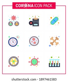 9 Flaches Farbset für Epidemiesymbole des Corona-Virus. wie Bakterien; Zeit; Zigarette; Sekunden; Pillen virales Coronavirus 2019-nov Krankheit Vector Design Elements