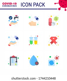 9 Flat Color viral Virus corona icon pack such as  hands spray; alcohol; wash; medicine; medical viral coronavirus 2019-nov disease Vector Design Elements