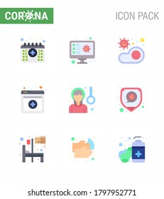 9 Paquete de iconos de corona viral de color plano como cabeza; en línea; registro; médico; elementos de diseño de vectores de enfermedad coronavirus viral de transmisión 2019-nov