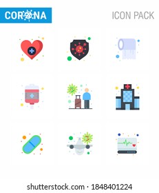 9 Flat Color viral Virus corona icon pack such as  tourist; health care; paper; treatment; drip viral coronavirus 2019-nov disease Vector Design Elements